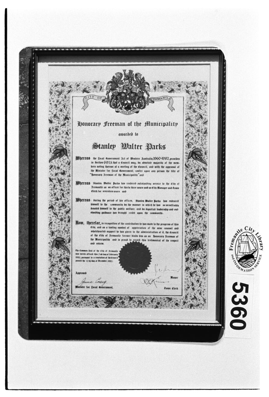 Certificate, Stanley Walter Parks