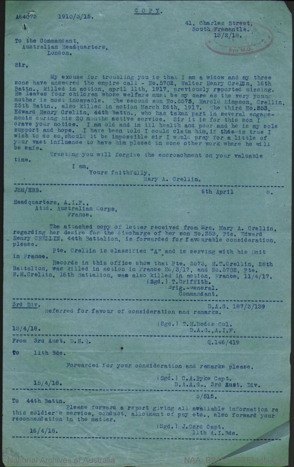 Crellin, Edward letter | City of Fremantle Local History Centre