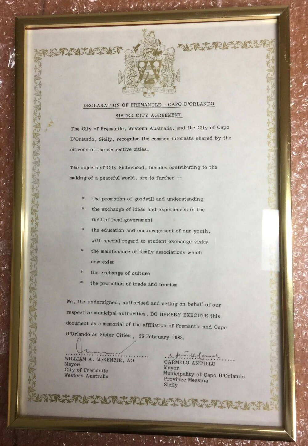 Framed Sister City Agreement - Capo D'Orlando (In English)