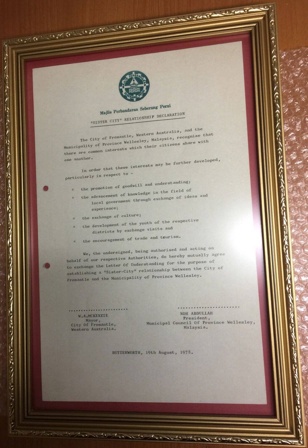 Framed Sister City Agreement - Seberang Perai (Butterworth)