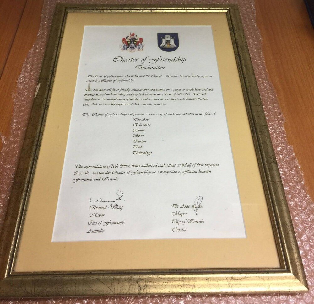 Framed Certificate - Charter of Friendship Declaration - Korcula
