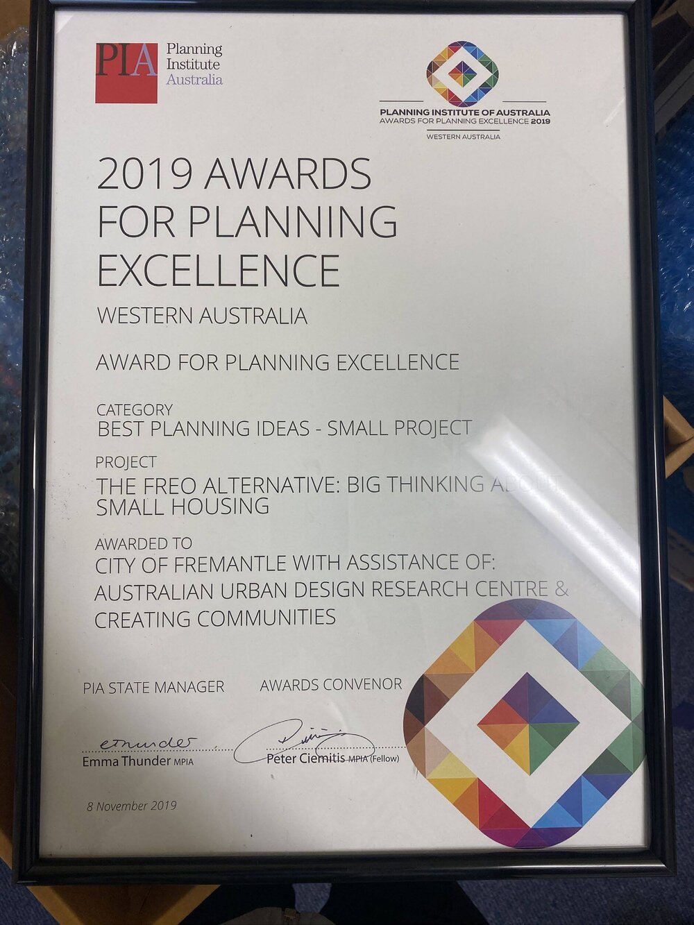 Framed 2019 Planning Awards for excellence