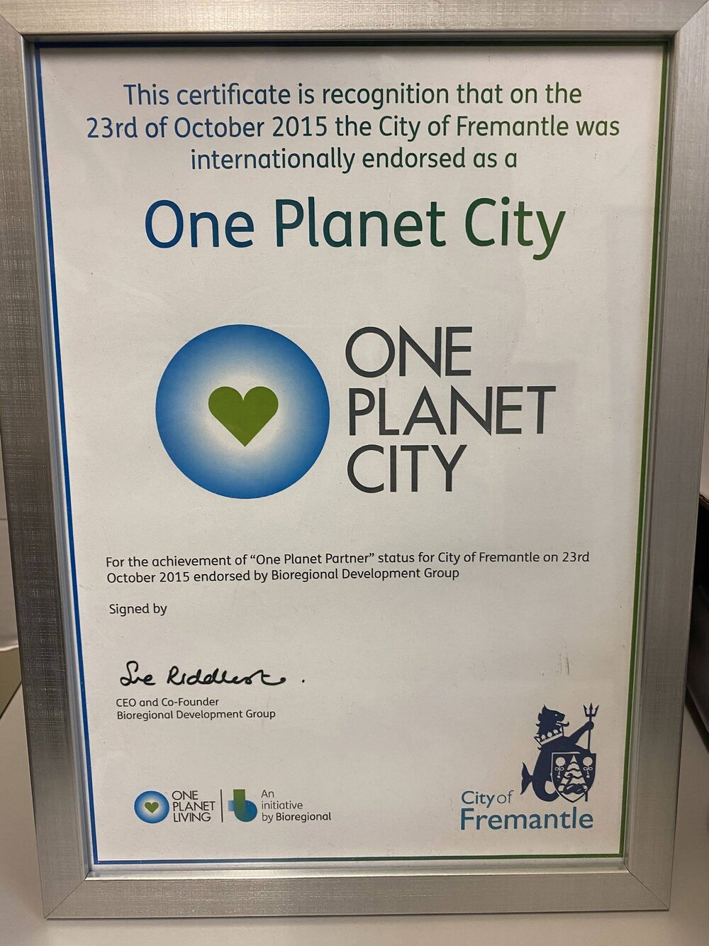Framed Certificate &ndash; One Planet City
