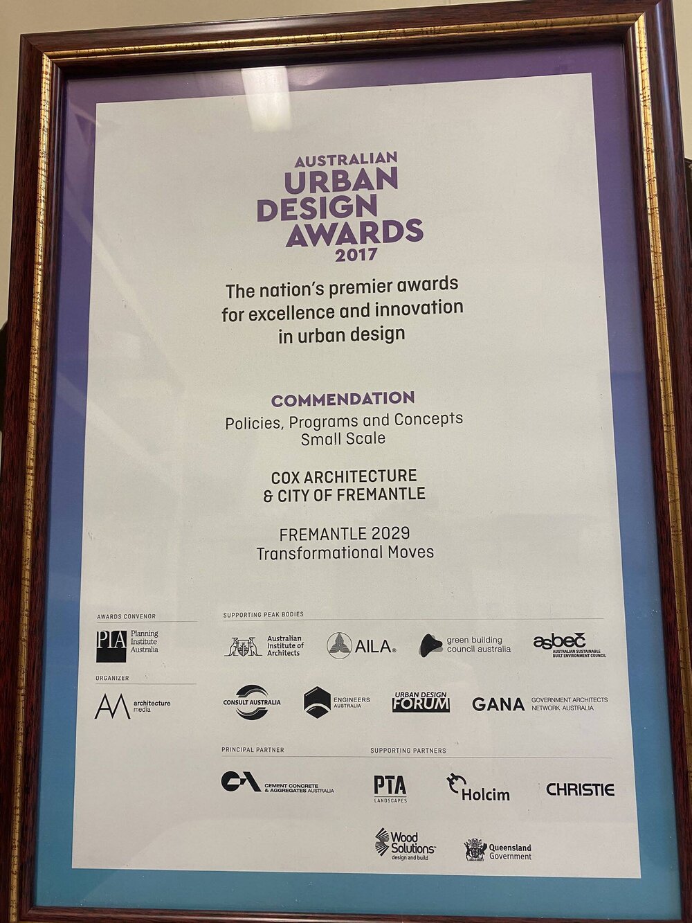 Framed Certificate &ndash; Australian Urban Design Awards 2017