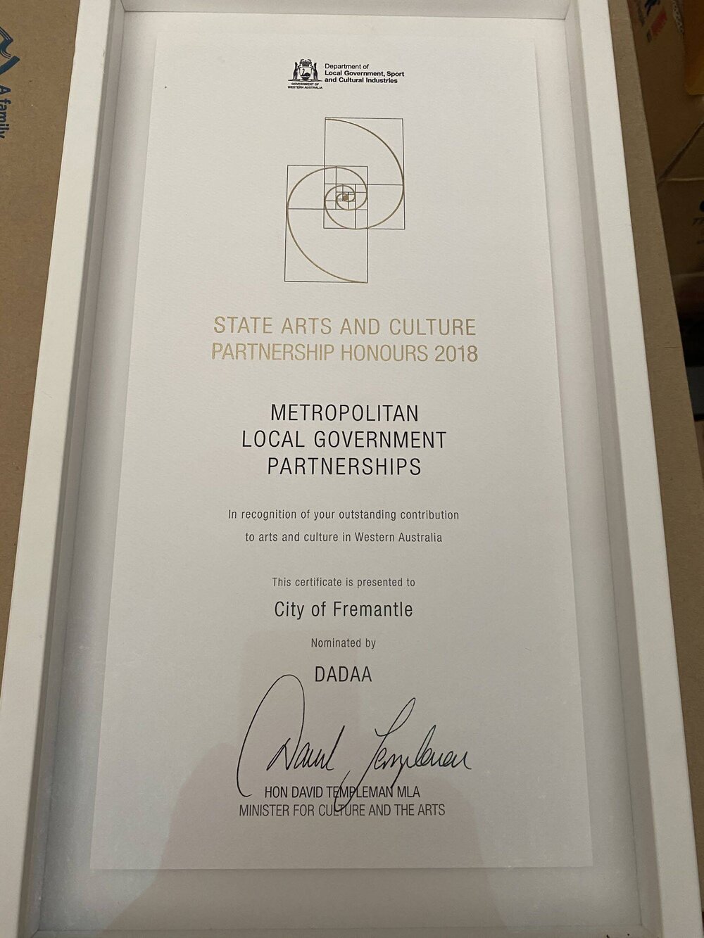 Framed Certificate &ndash; Metropolitan Local Government Partnerships