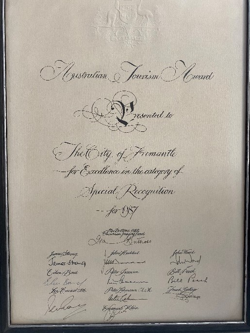 Framed Certificate &ndash; Australian Tourism Award