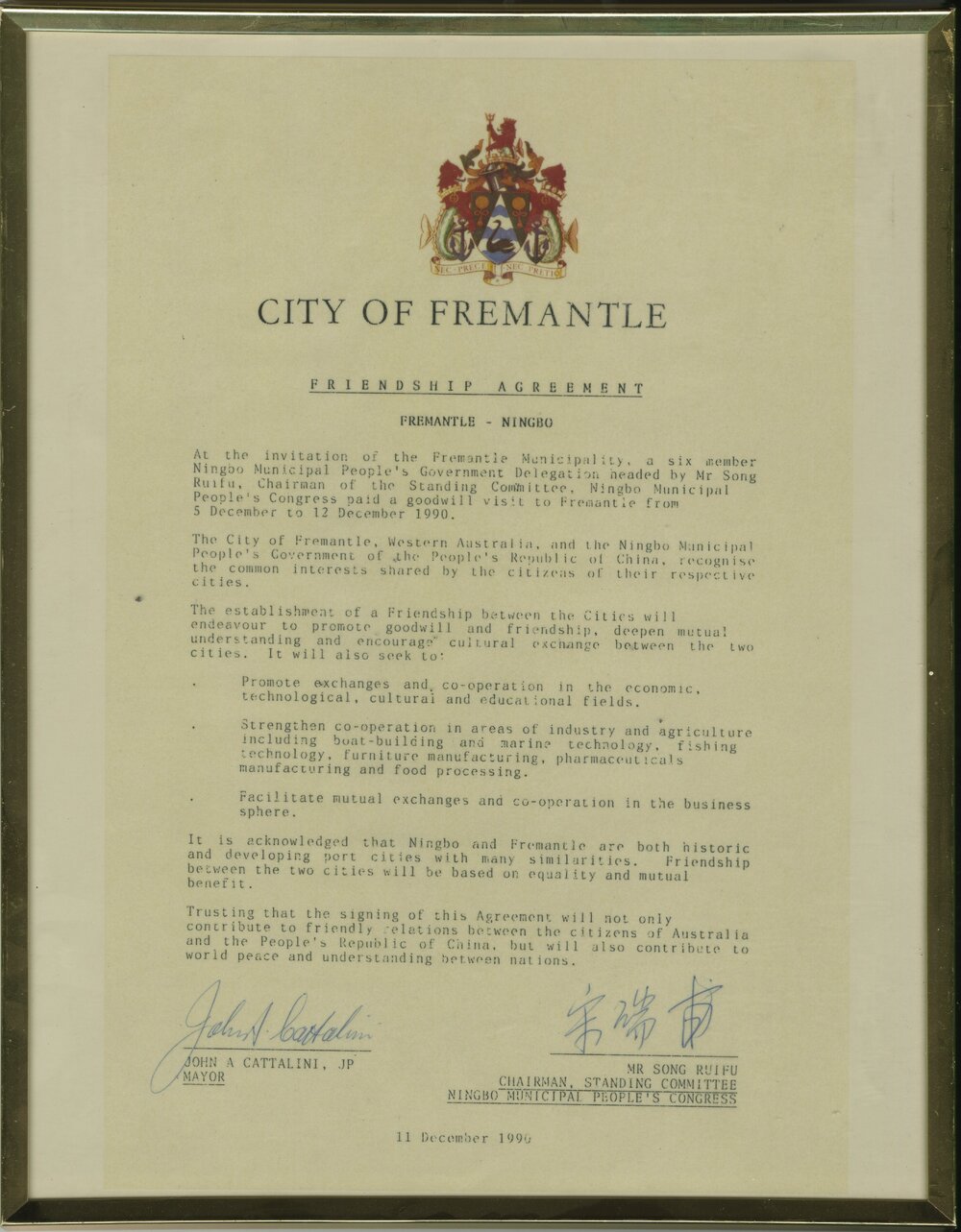 Framed Friendship Certificate - Fremantle and Ningbo