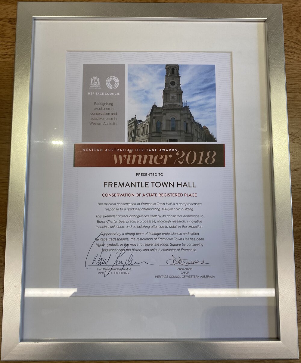 Framed Certificate - Fremantle Town Hall Heritage Award