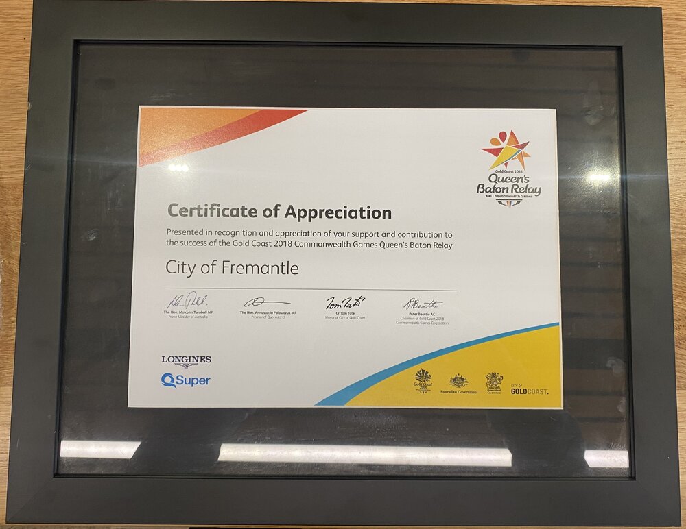 Framed Certificate - Queen's Baton Relay 2018 Commonwealth Games