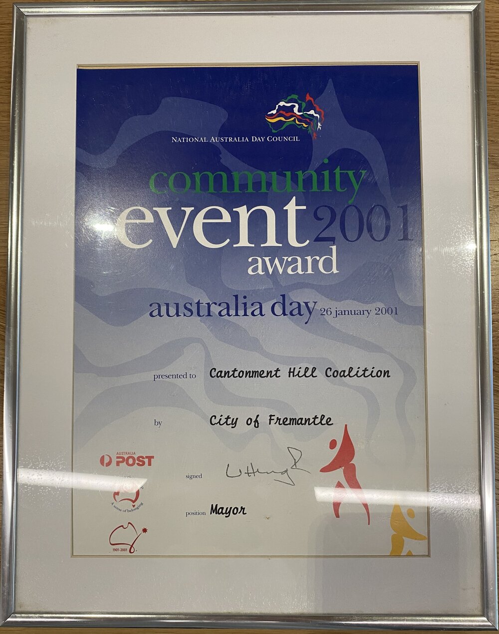 Framed Certificate - Australia Day Award Cantonment Hill Coalition