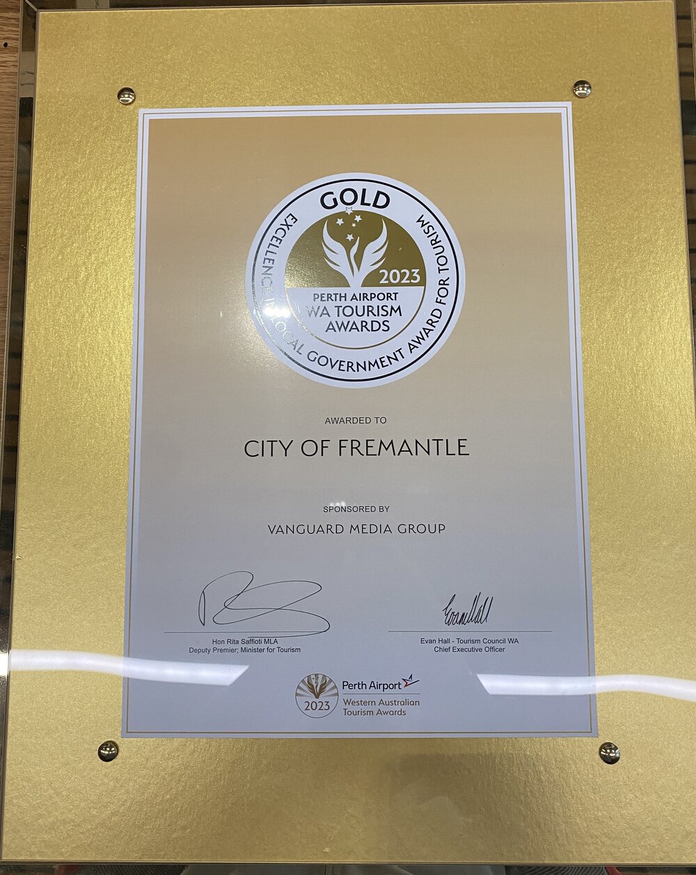 Framed Item - WA Tourism Awards 2023 - Gold Award