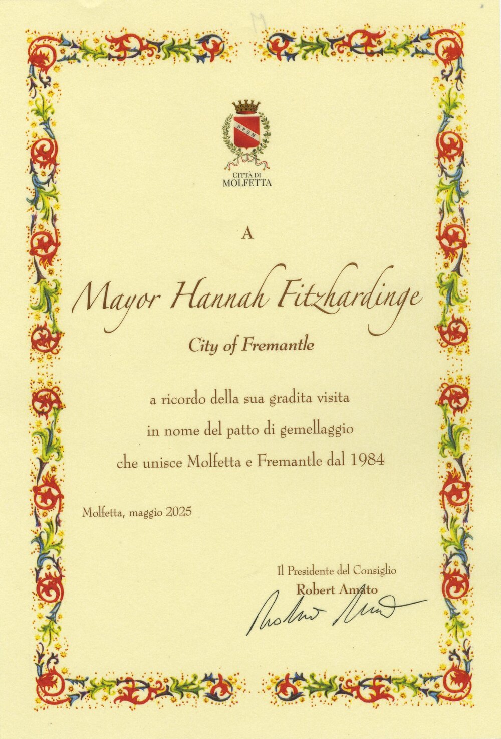 Sister City - Molfetta Certificate for Mayor Hannah Fitzhardinge