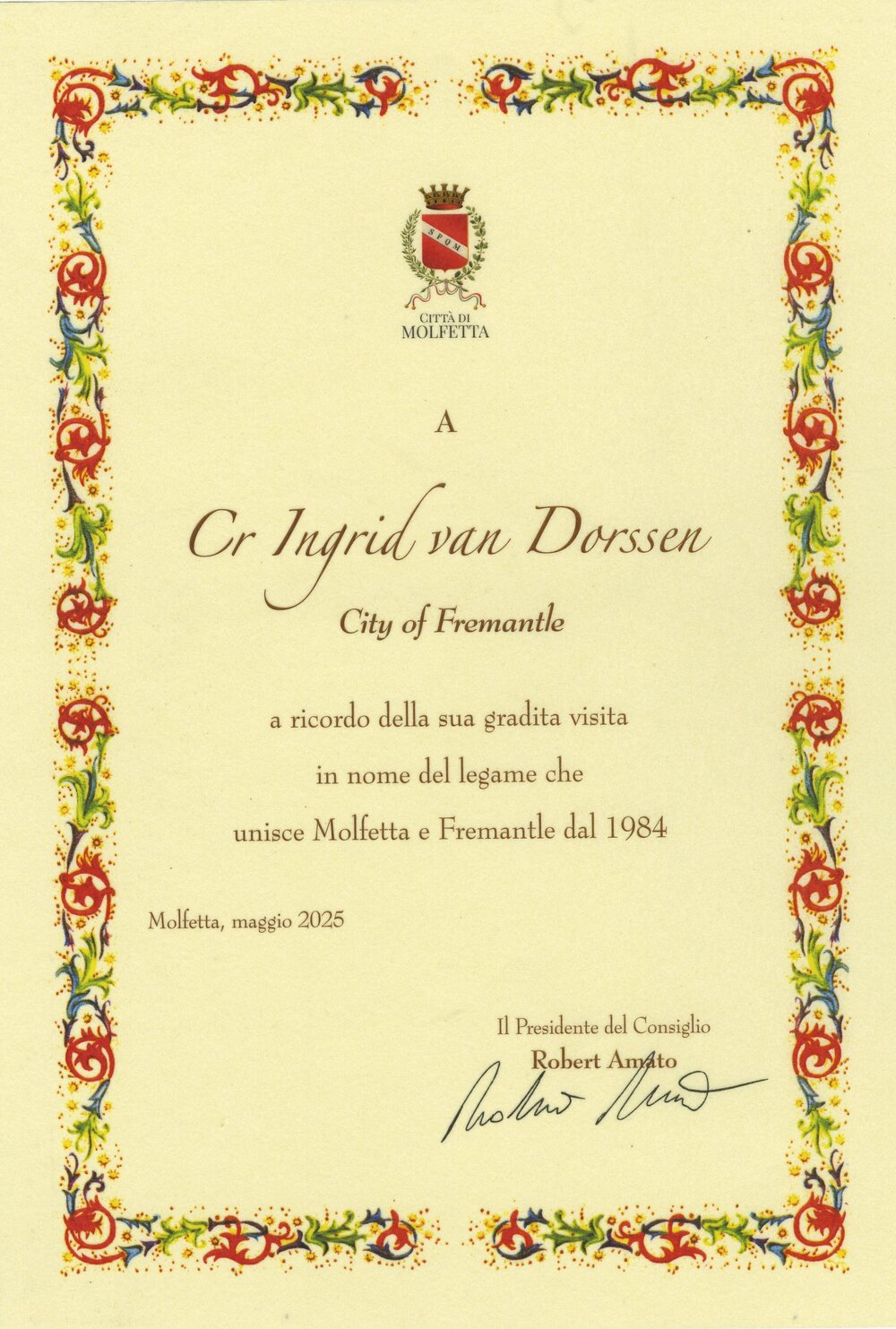 Sister City - Molfetta Certificate for Councillor Ingrid van Dorssen