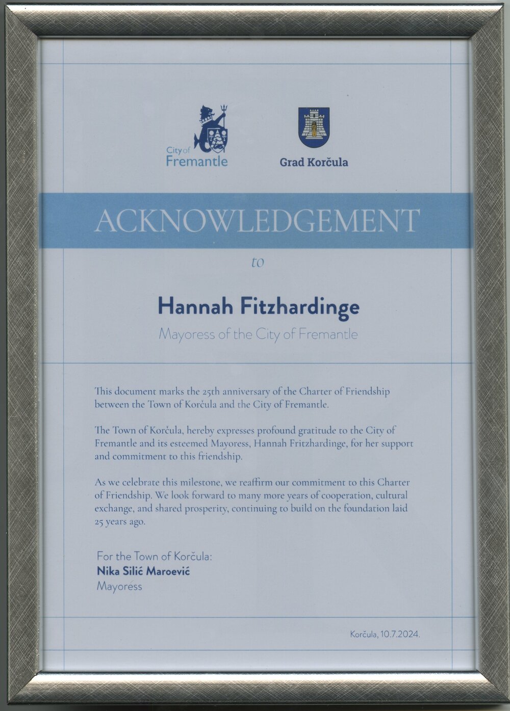 Friendship City - Korcula - Croatia Tour 2024 - Framed Certificate