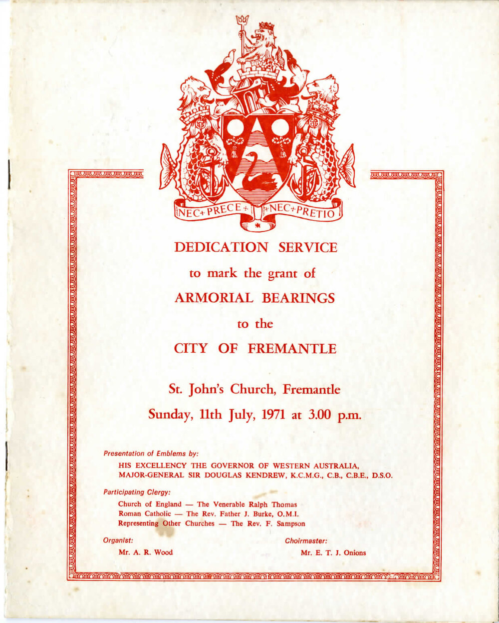 Programme for Dedication Service to mark the grant of Armorial Bearings to the City of Fremantle