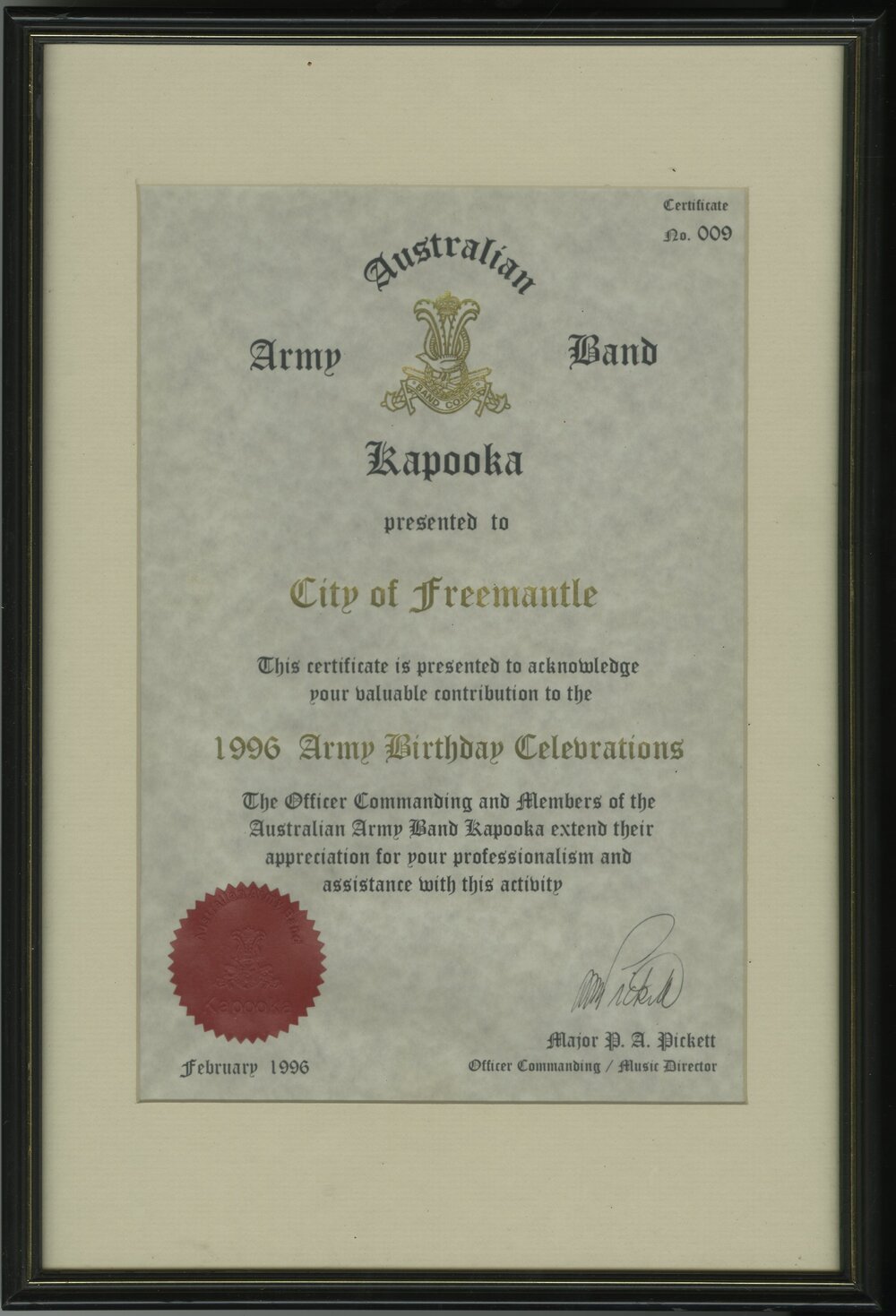 Australian Army Band Framed Certificate