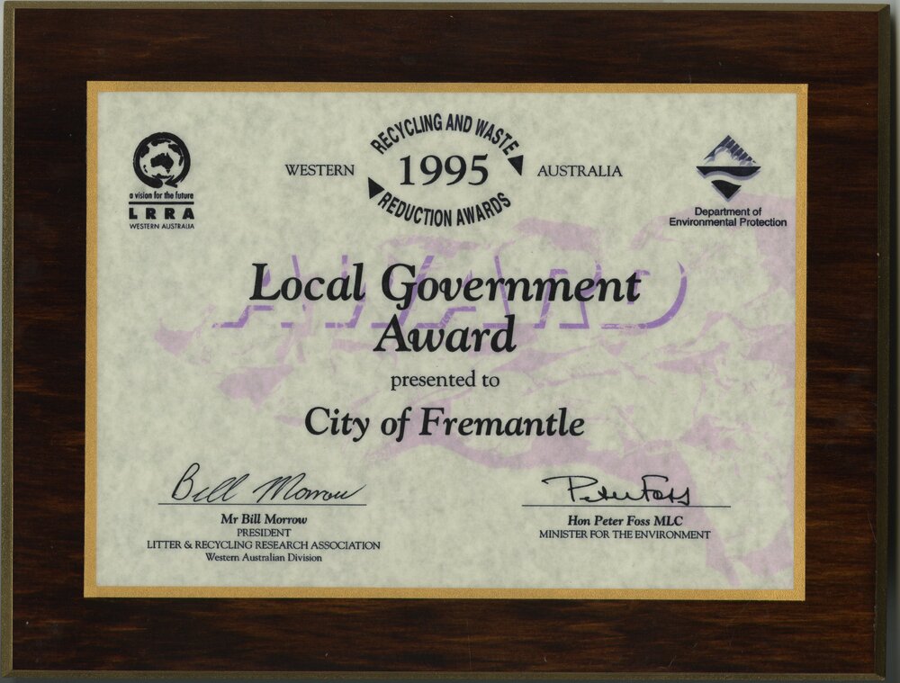 Framed Certificate - Recycling and Waste Reduction Award 1995