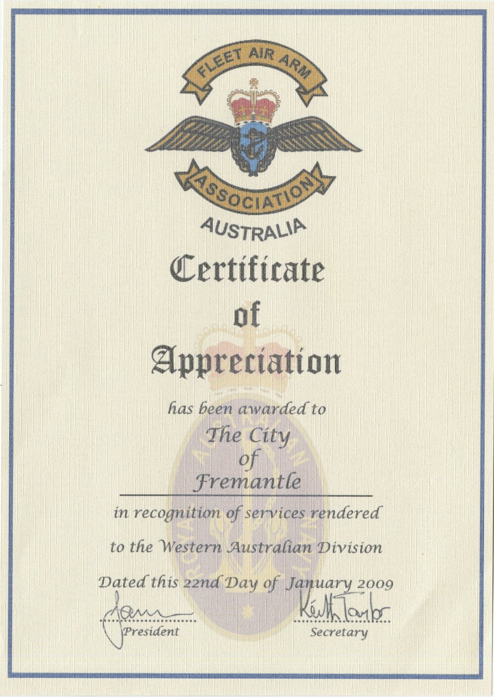 Framed Certificate - Fleet Air Arm Association of Australia