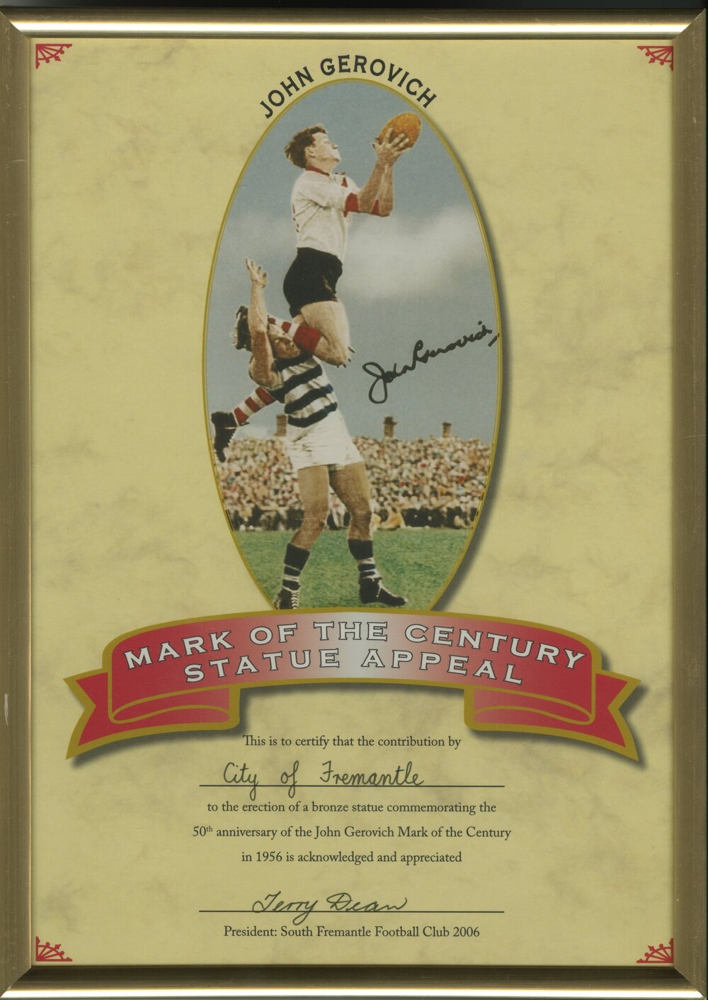 Framed Certificate - Mark of the Century Statue Appeal