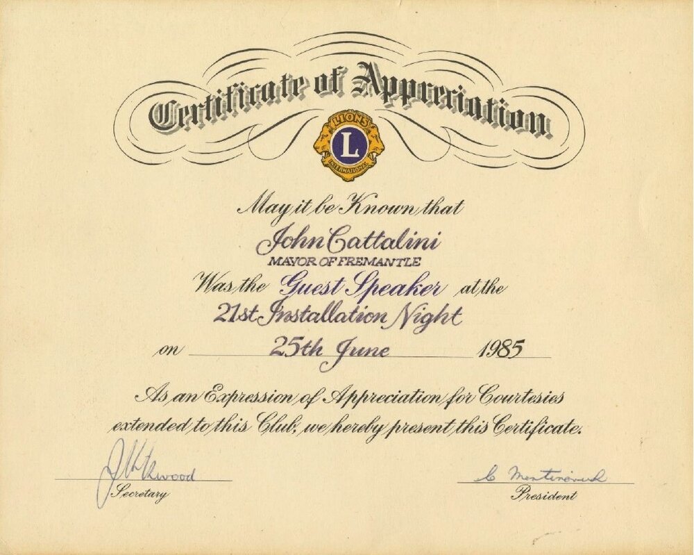 Certificate - Lions International to Mayor Cattalini