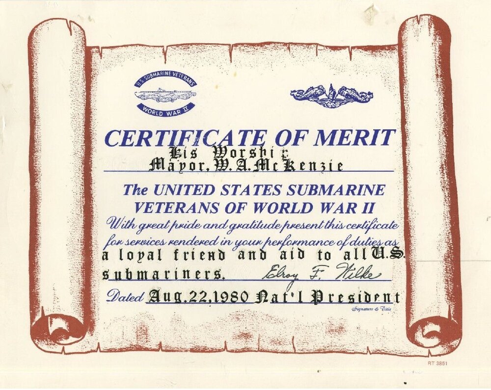 Certificate - Appreciation to Stan Parks from United States Submarine Veterans 