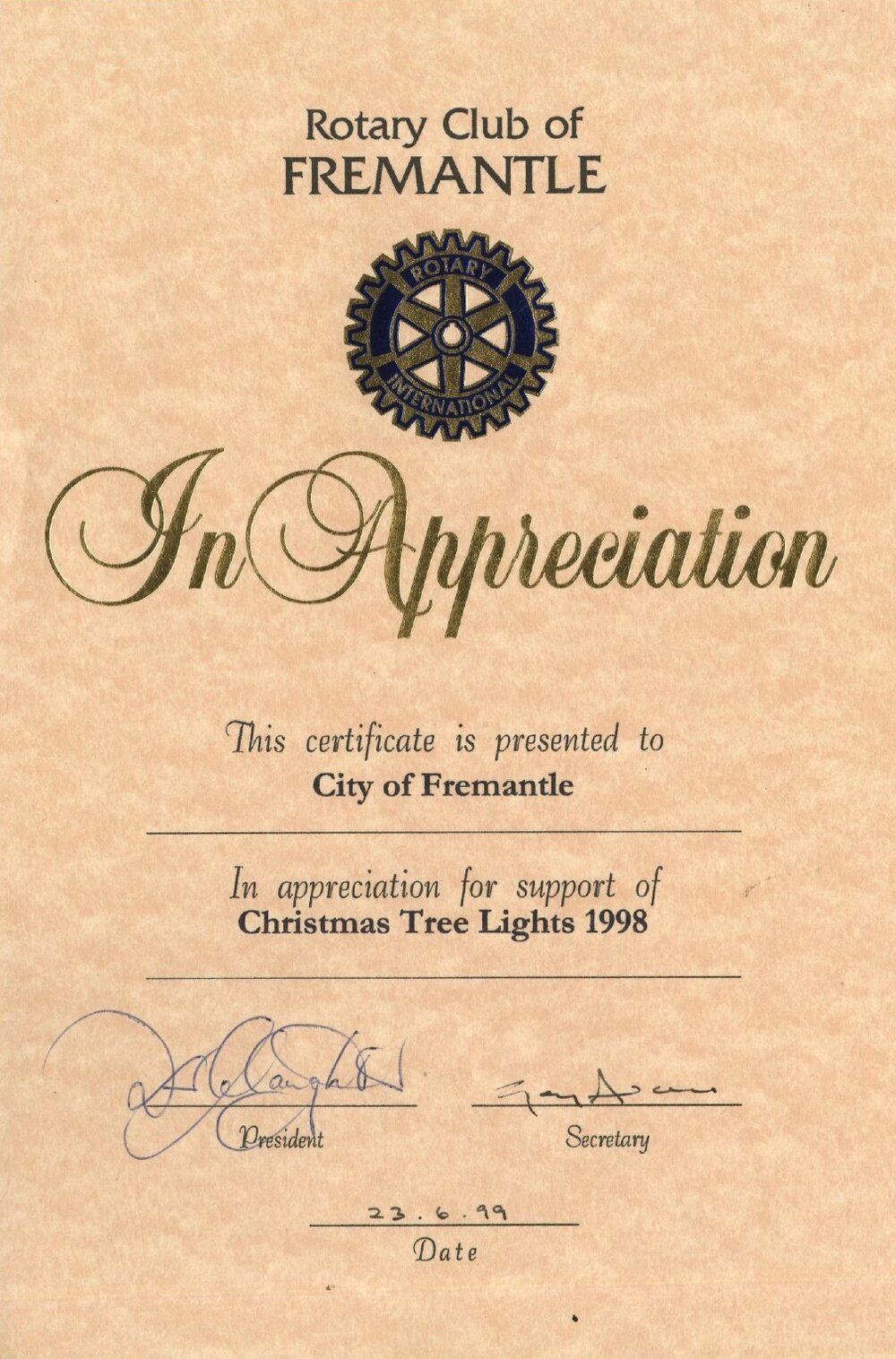 Certificate of Appreciation from the Rotary Club of Fremantle