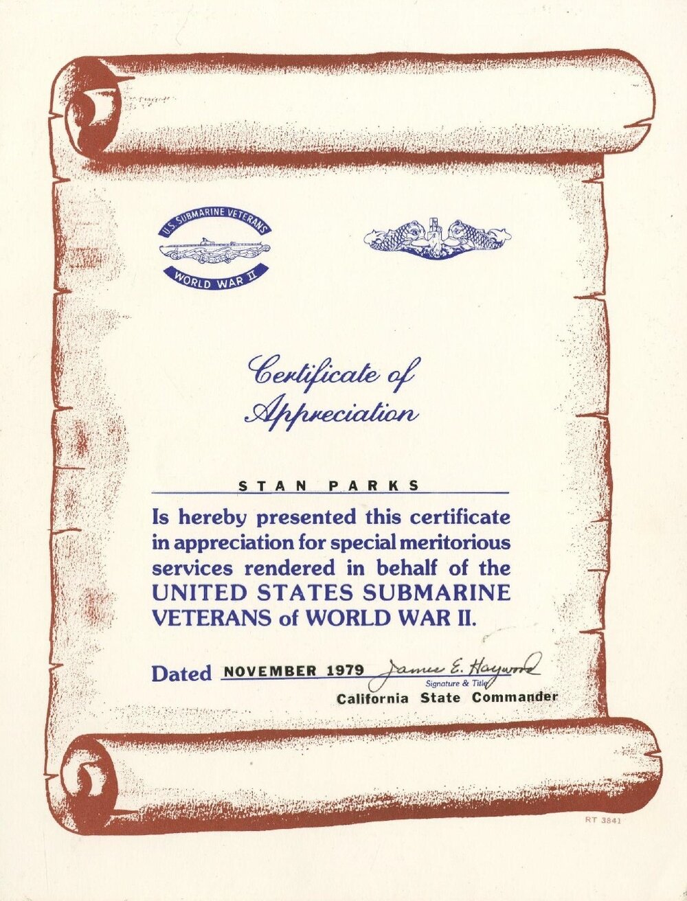 Certificate of Appreciation from the U.S Submarine Veterans World War II