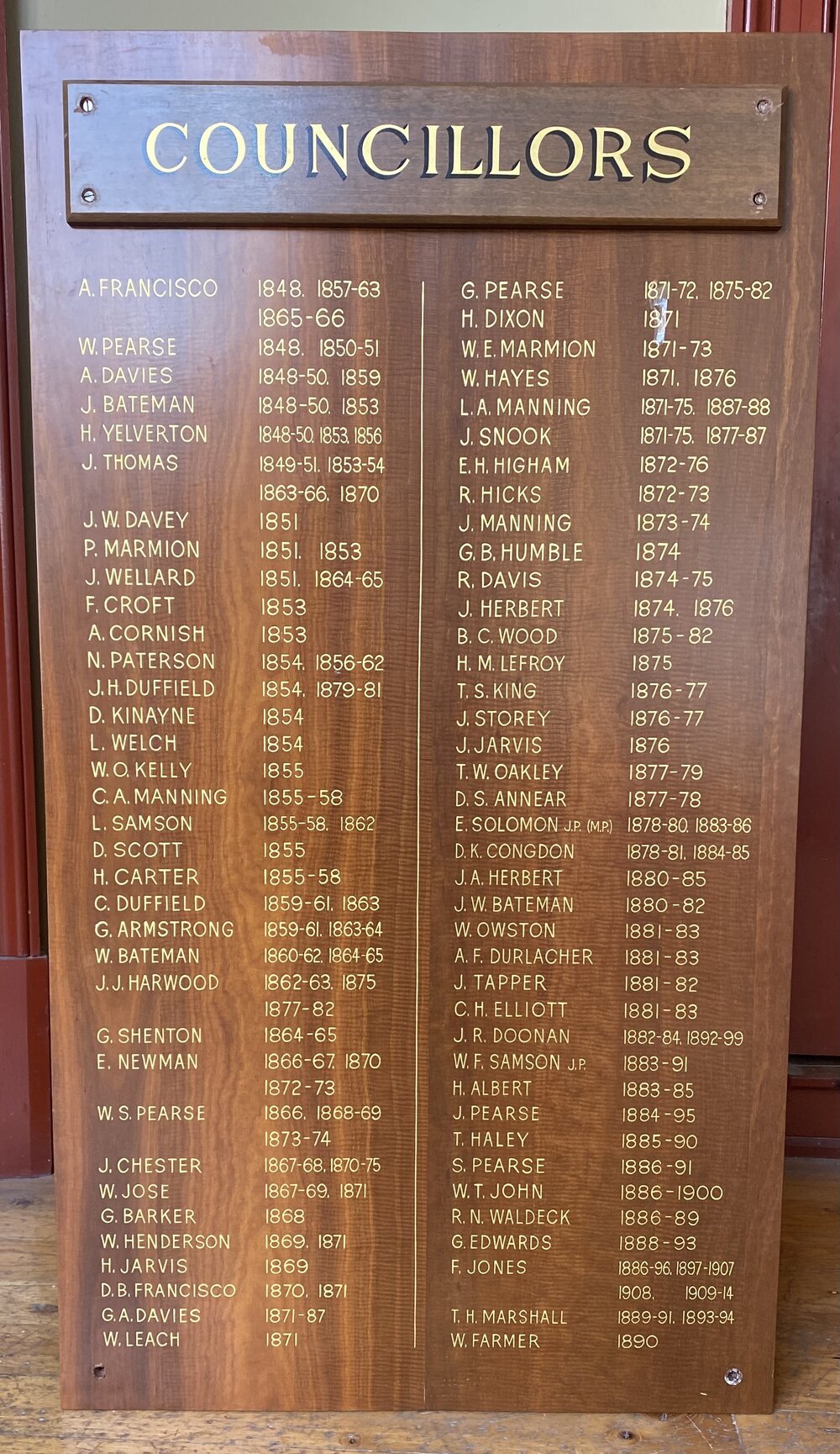 Honour Board - Councillors - Fremantle 1848-1900's