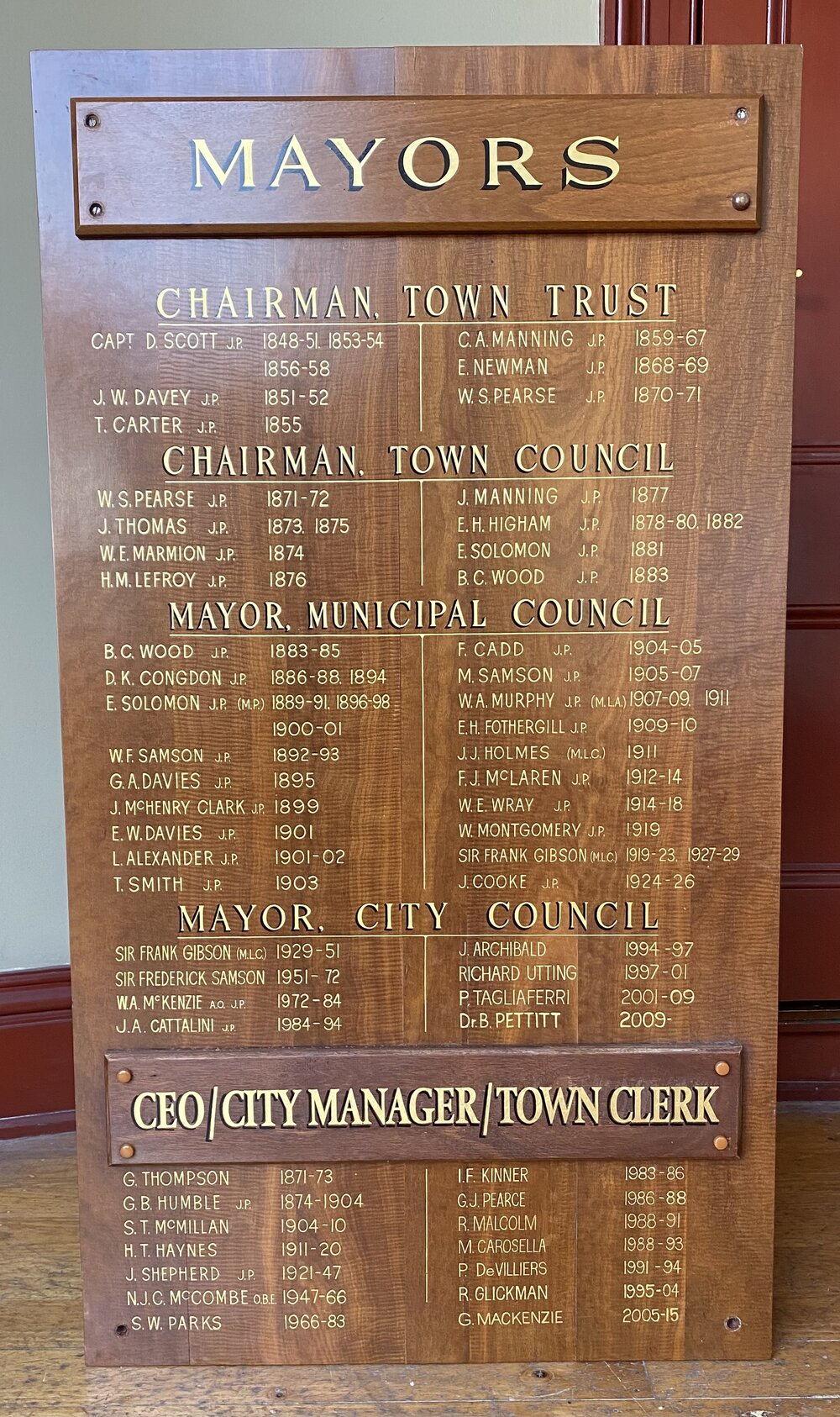 Honour Board - Fremantle Mayors and Town Clerks