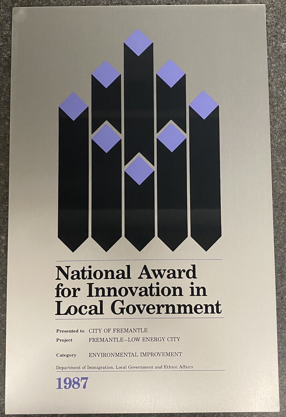 Certificate - National Award for Innovation in Local Government - City of Fremantle Low Energy City 1987