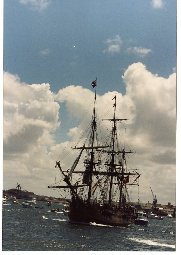 Departure of the re-enactment fleet for the 200th Anniversary of arrival of the First Fleet in 1788.
