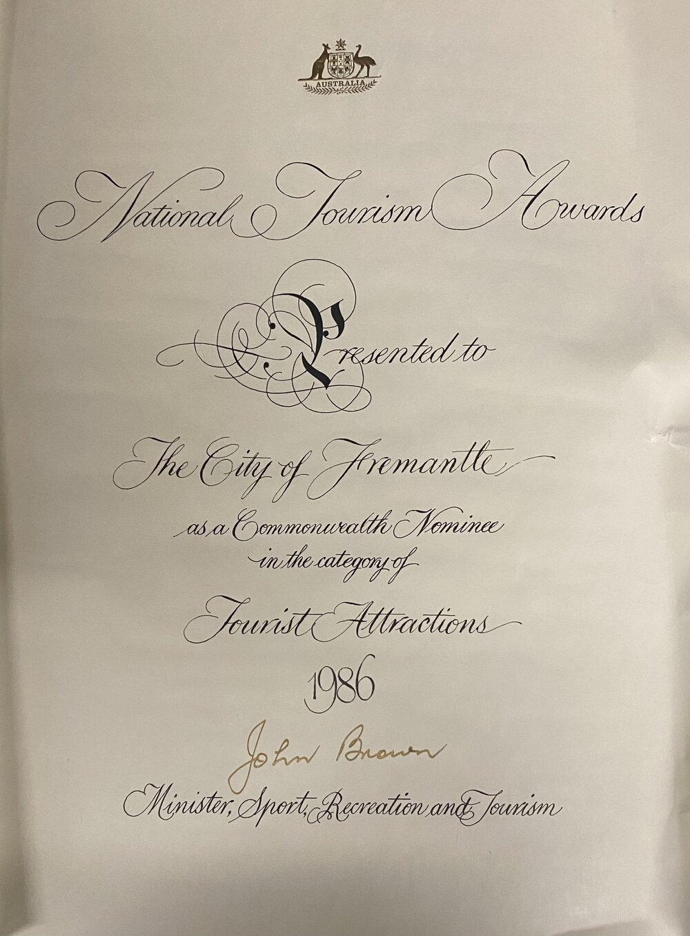Certificate - National Tourism Awards 1986