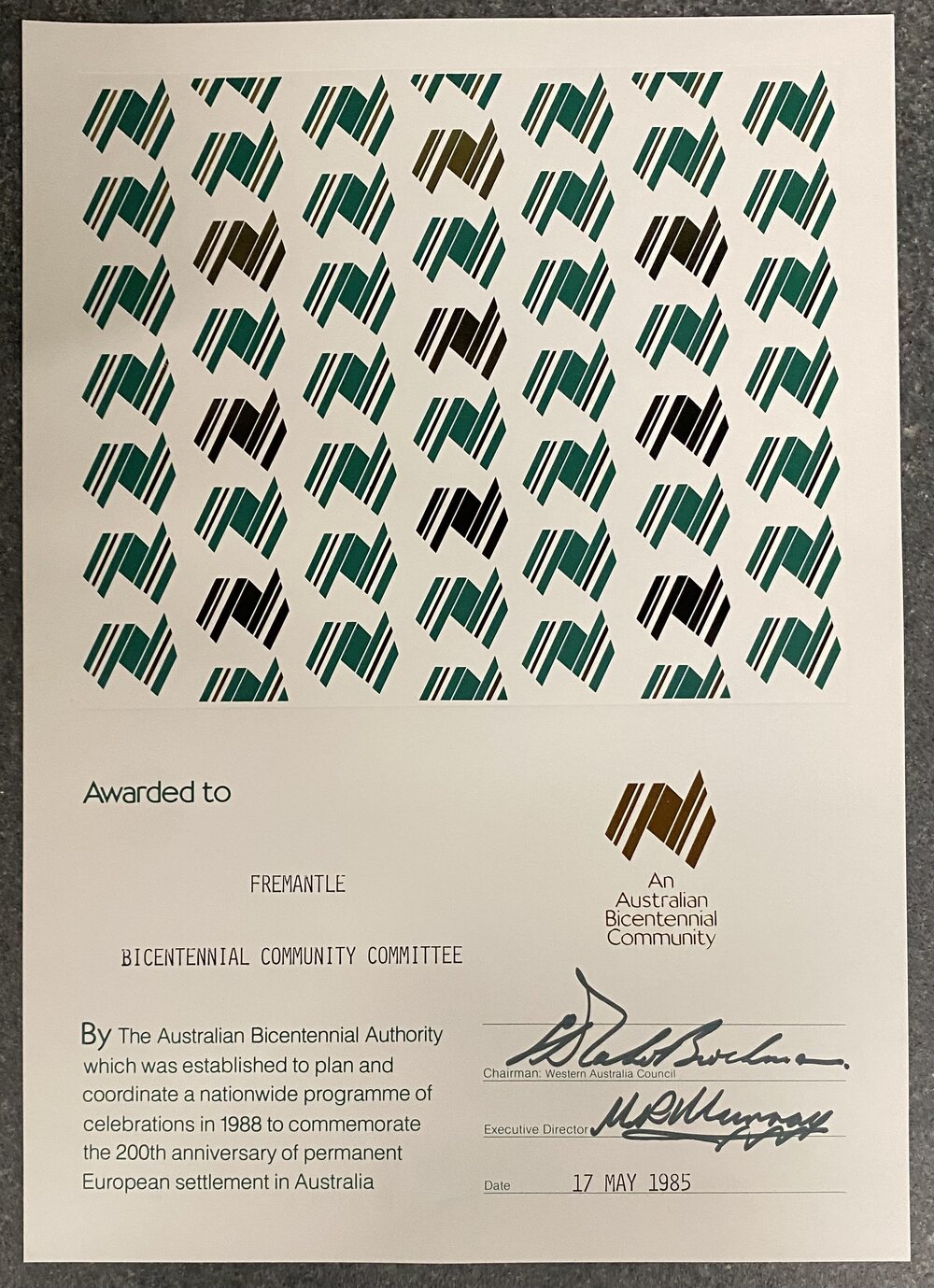 Certificate - Australian Bicentennial Authority