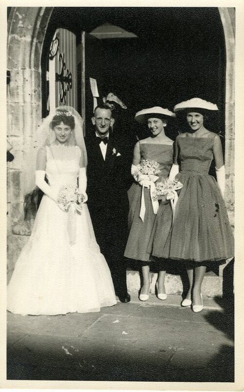 Bridal party outside church - Lynda Edwards (nee Draper?), father with bridesmaids