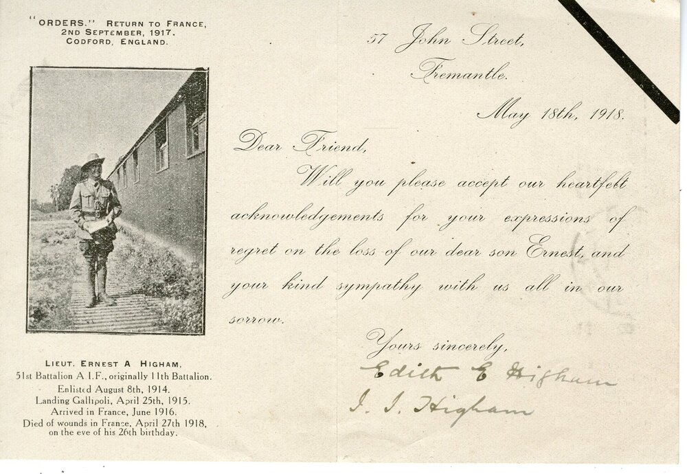 Card dated 18-05-1918 - Loss of Lieut Ernest A. Higham. Addressed to Edith Higham and J.J. Higham. 57 John Street, Fremantle. 