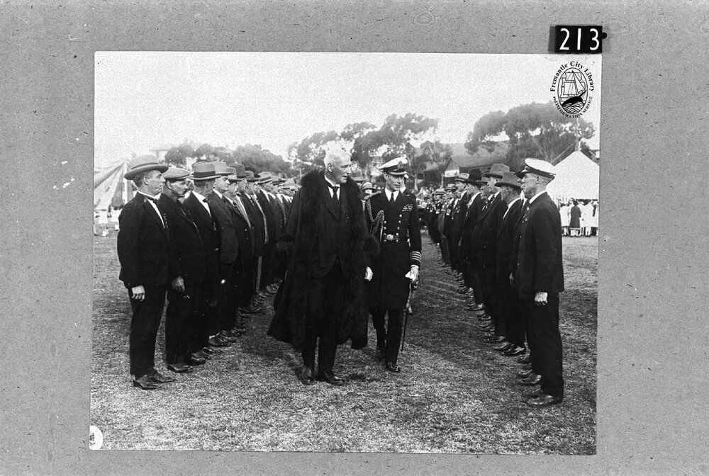 Frank Gibson (Mayor) walking with the Duke of York (later George VI) at Fremantle Oval