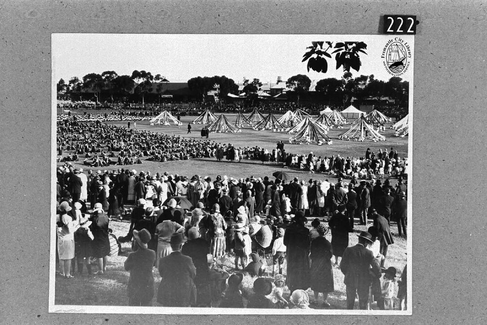 Crowd watching Maypole dance on Fremantle Oval