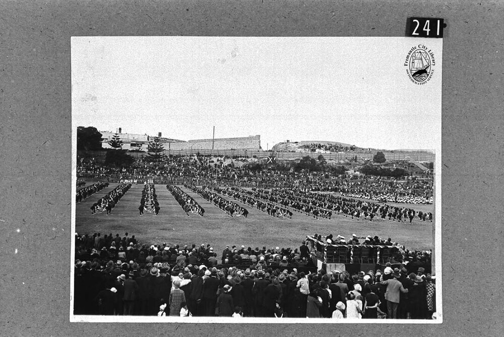 School children at Fremantle Oval to celebrate the visit of the Duke and Duchess of York