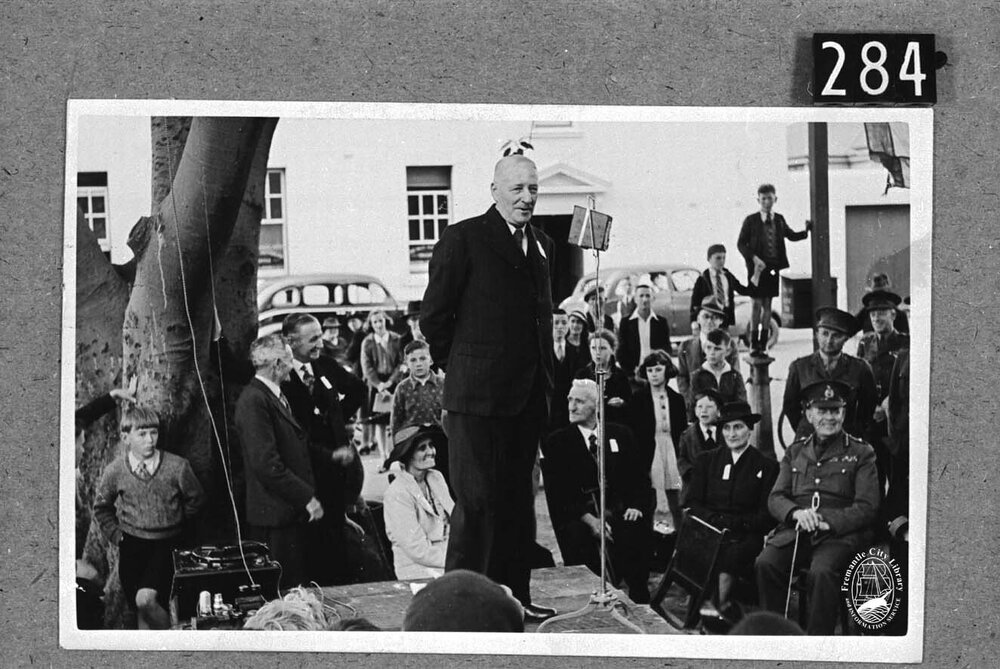 The Mayor Frank Gibson speaking to a gathering in Kings Square