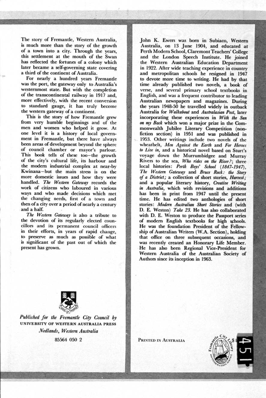 On inside of cover to 'The Western Gateway'