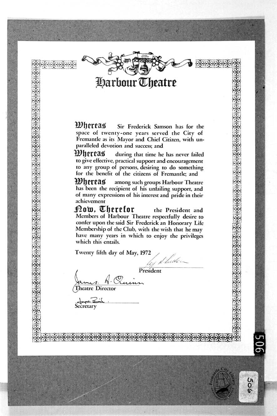 Black and white copy of the illuminated certpficate presented to Sir Frederick Samson on the opening night of ''And suddenly it's Spring''