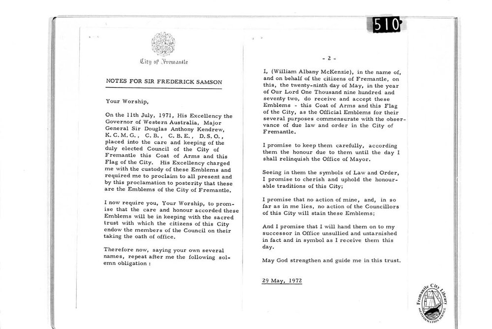 Formula for handing over of Letters Patent and City Flag on change of Mayor