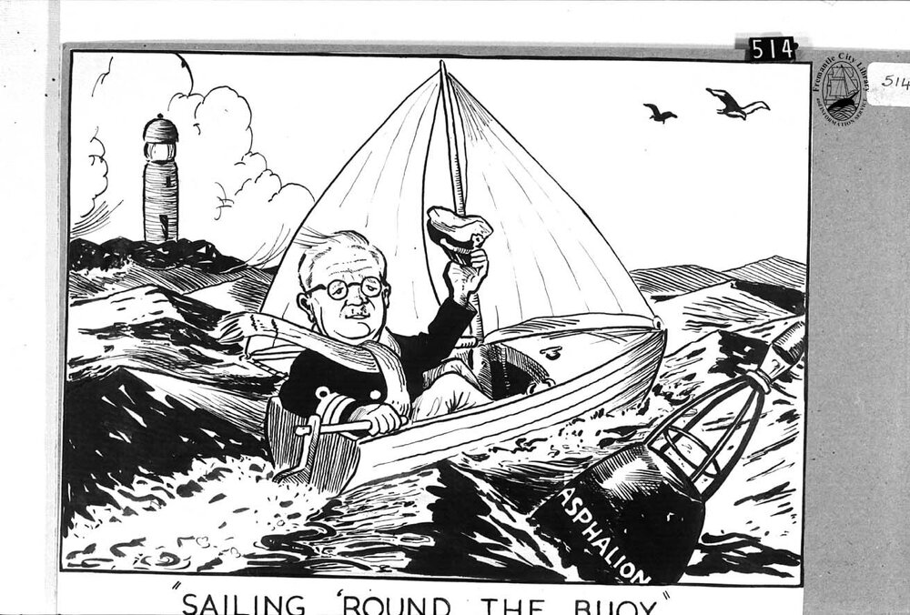 Cartoon: Sir Frederick Samson, Mayor of Fremantle, "Sailing around the buoy"