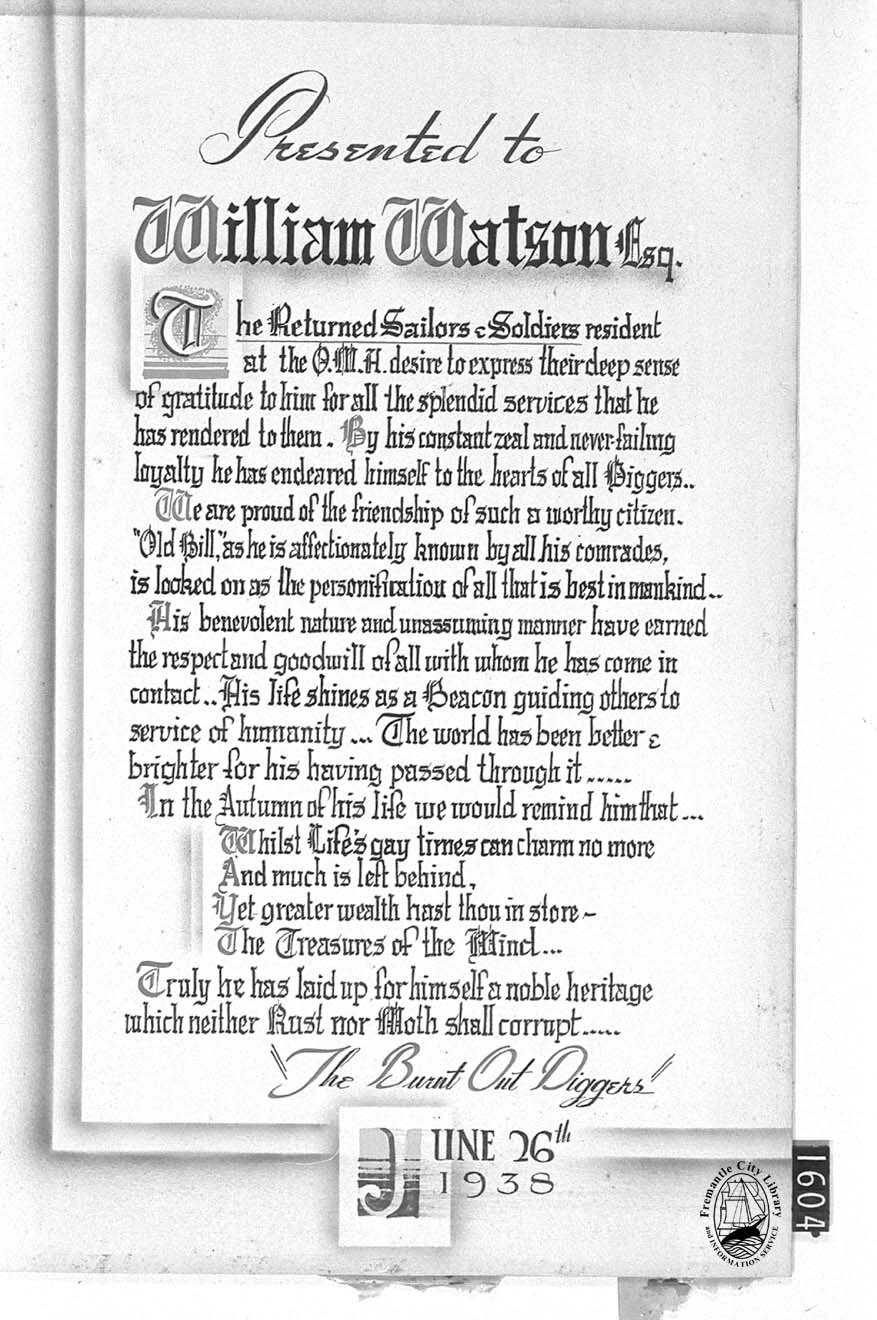 Certificate presented to William Watson