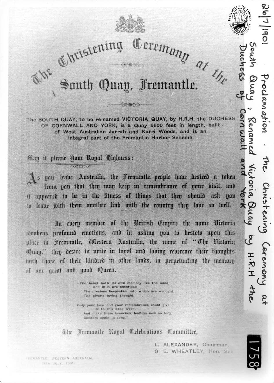 Proclamation for the naming of Victoria Quay