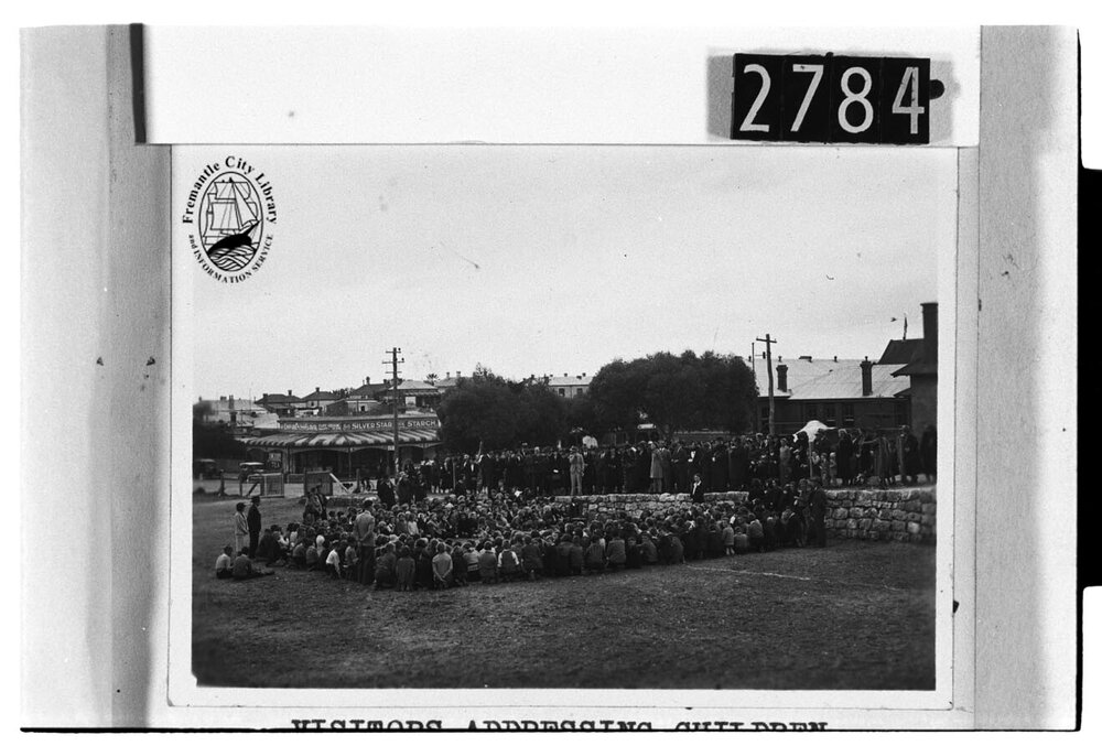 Visitors addressing Beaconsfield Primary School pupils on Foundation Day 1938