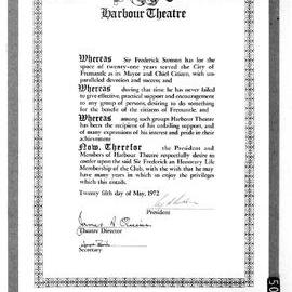 Black and white copy of the illuminated certpficate presented to Sir Frederick Samson on the opening night of ''And suddenly it's Spring''