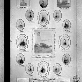 Cameo photographs of Fremantle Town Hall, Fire Stations, Engine and staff