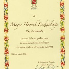Sister City - Molfetta Certificate for Mayor Hannah Fitzhardinge