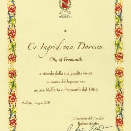 Sister City - Molfetta Certificate for Councillor Ingrid van Dorssen